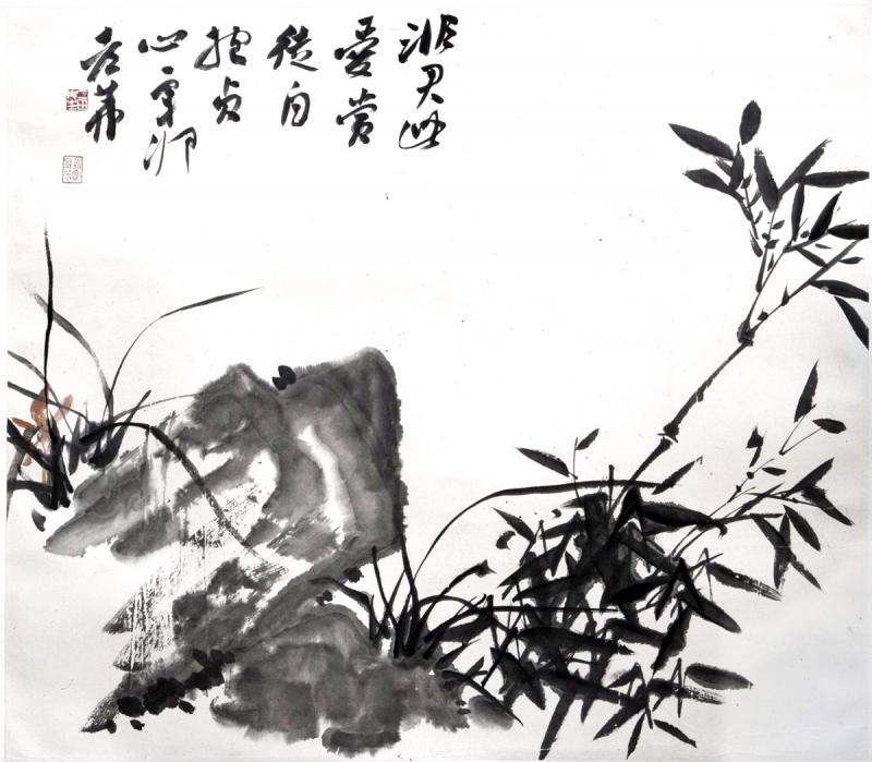 书画家郭朝卿花鸟作品《竹石》