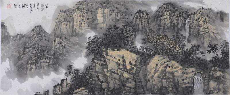 画家张国亮山水作品《山村春旱》