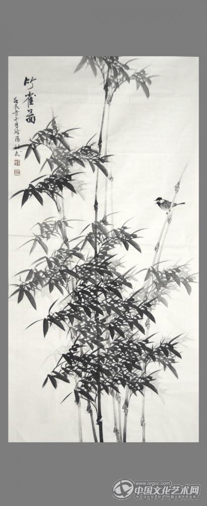 书画家韩社武花鸟作品《竹雀图》