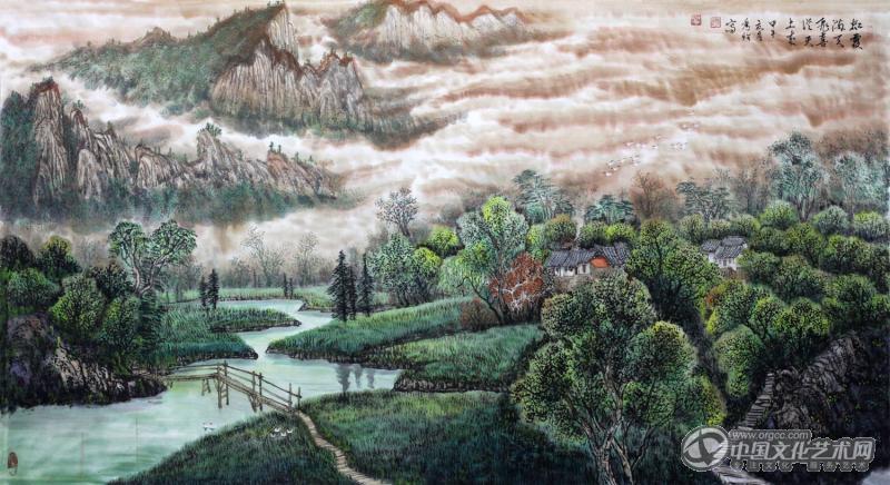 画家闫秀伶山水作品《红霞满天飞　喜从天上来》
