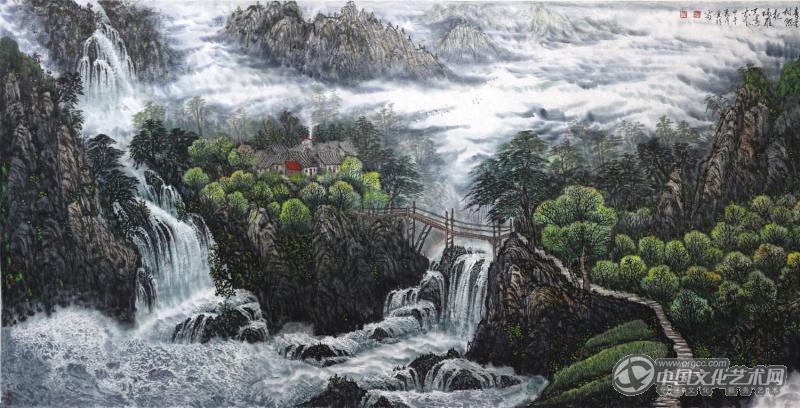 画家闫秀伶山水作品《青云村际起  归雁天边来》