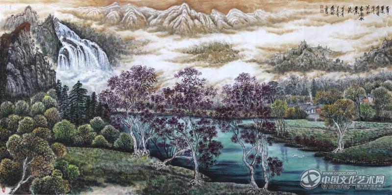 画家闫秀伶山水作品《一潭碧水秀晴峰　满山红韵秋意浓》