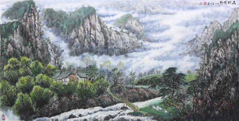 画家闫秀伶山水作品《山村情趣》