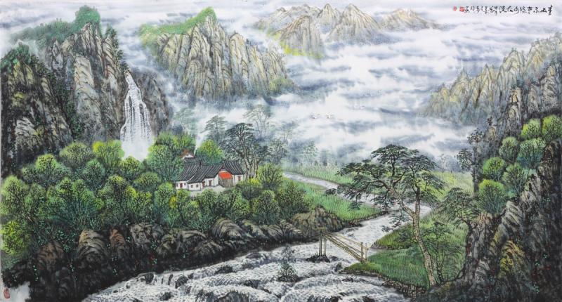 画家闫秀伶山水作品《青山不老绿水长流》