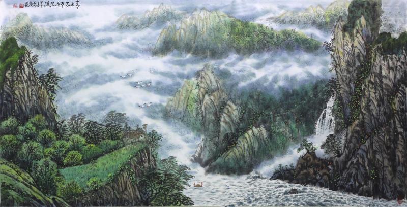 画家闫秀伶山水作品《青山不老绿水长流》