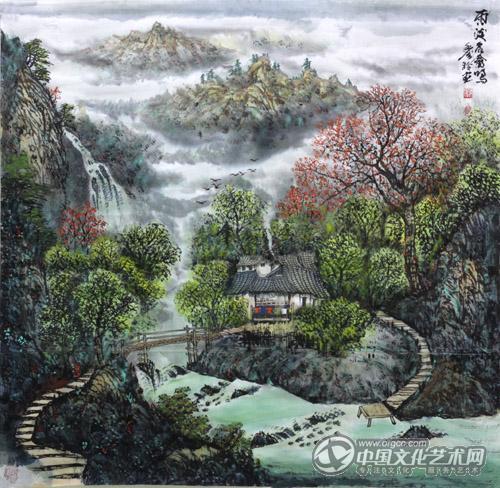 画家闫秀伶山水作品《雨后名禽鸣》