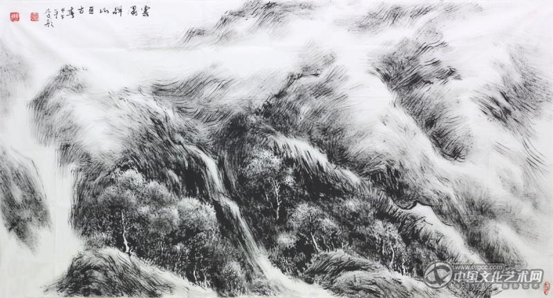 画家李颠焦墨山水作品《云涌群山亘古春》