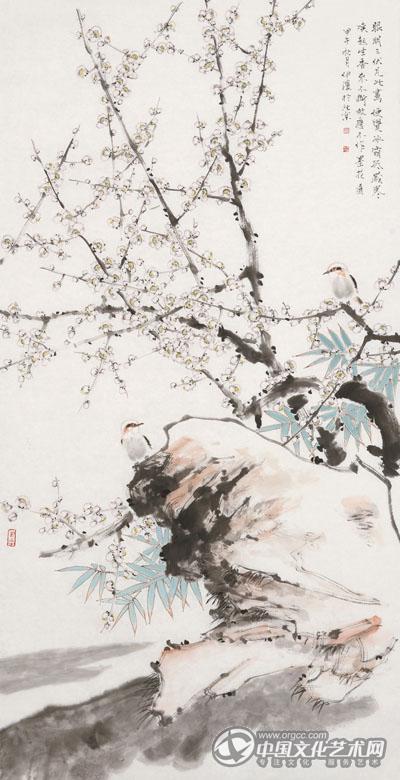 画家郭伊滨花鸟作品《伴梅》