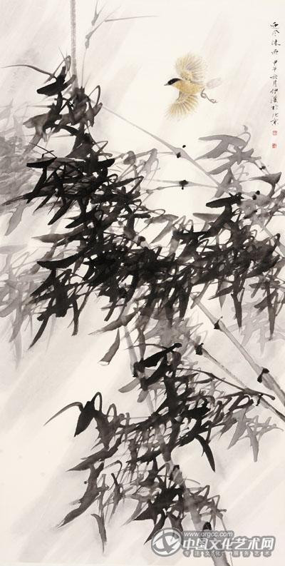画家郭伊滨花鸟作品《迎风沐雨》
