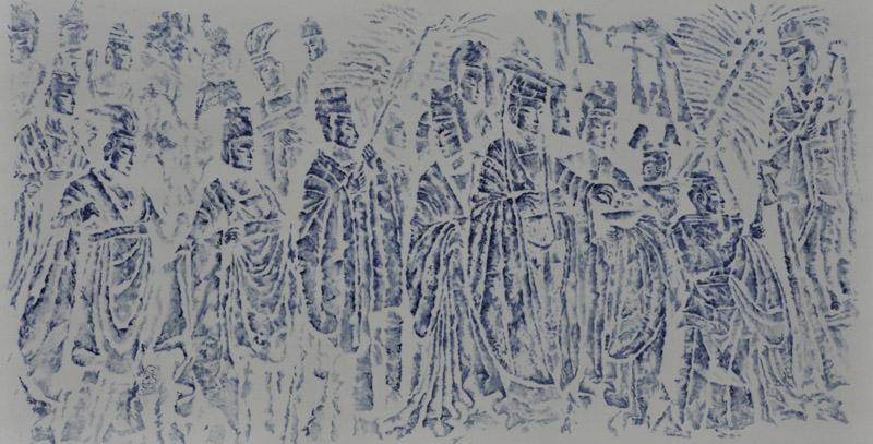 《皇帝礼佛图》青花瓷板画215x115cm