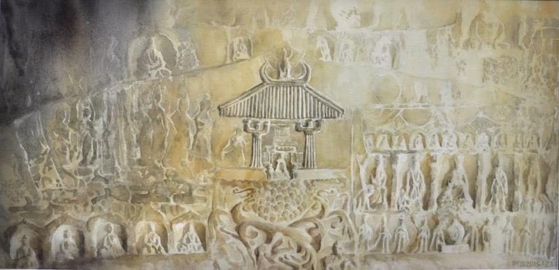 画家宋新喜水彩作品《龙门石窟之古阳洞龛眉》