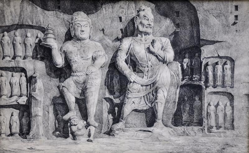 画家宋新喜钢笔画作品《唐古奇龛之天王力士1》