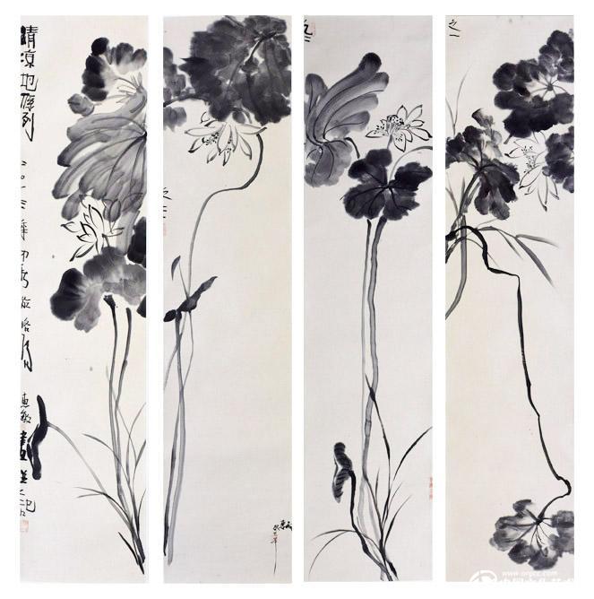 画家吴惠敏花鸟作品《荷花四条屏》