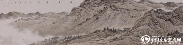 刘龙耀工笔山水   晓雾青城  38X138CM纸本2014