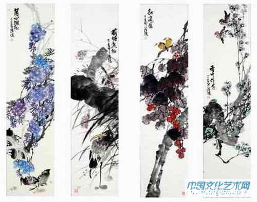 花鸟四屏条