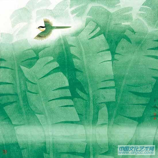 画家索铁生花鸟作品《绿色的韵律》