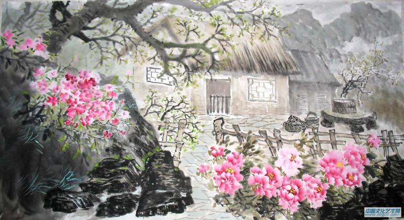 书画家左鲁献山水作品《花开农家》