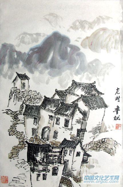 书画家左鲁献山水作品《老村》