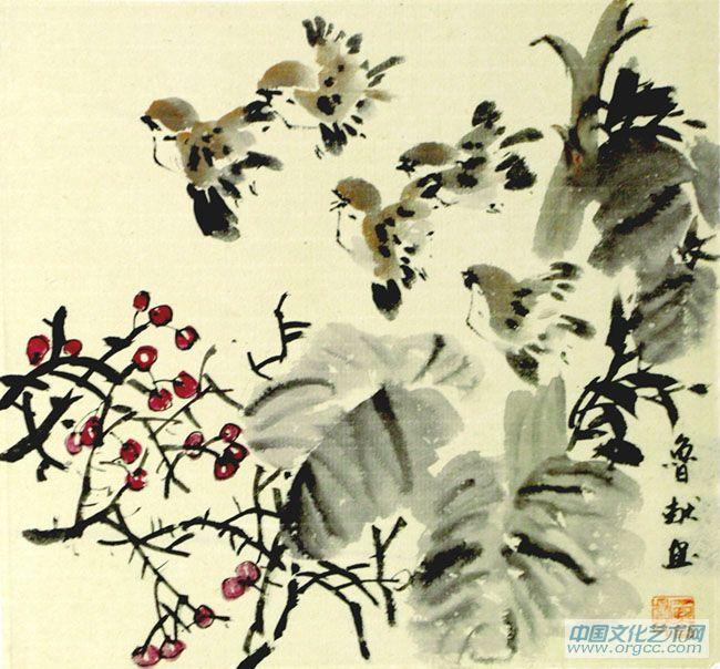 书画家左鲁献花鸟作品《群欢》