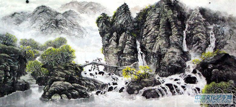 书画家左鲁献山水作品《深色有桥客远去》
