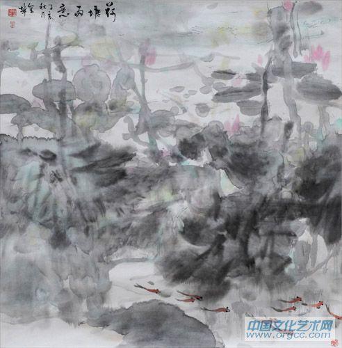 画家解金峰花鸟作品《荷塘雨意》