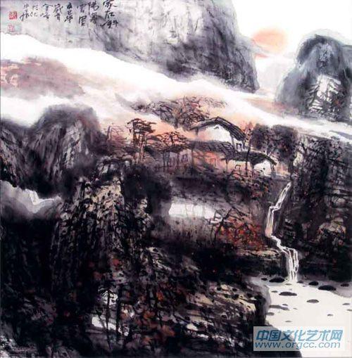 画家解金峰山水作品《家在斜阳幕云里》