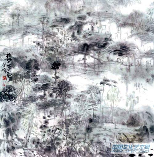 画家解金峰山水作品《林间草庐》