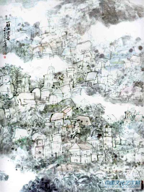 画家解金峰山水作品《山镇雨雾》
