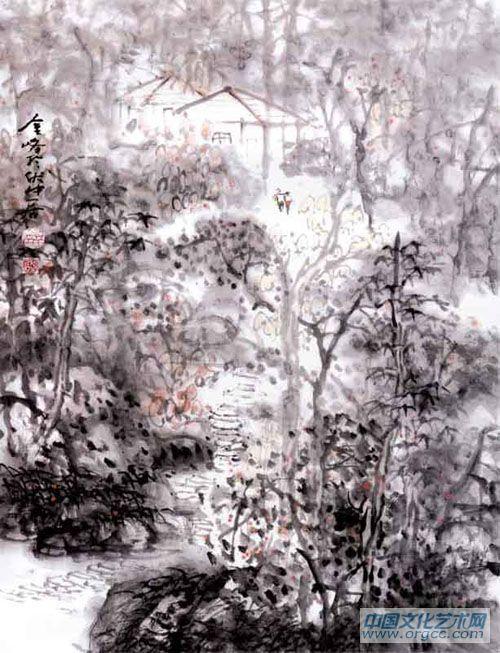 画家解金峰山水作品《霜林幽径》
