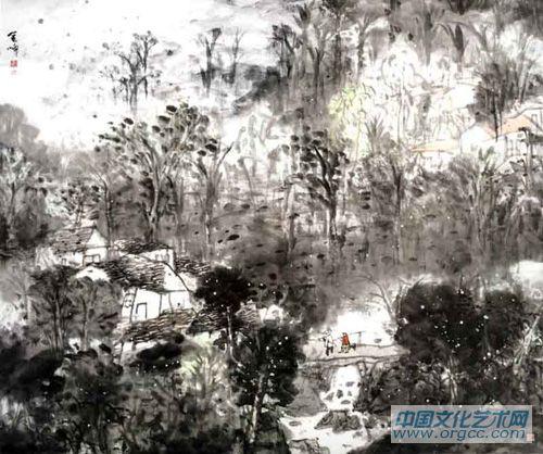 画家解金峰山水作品《郁郁村头树》