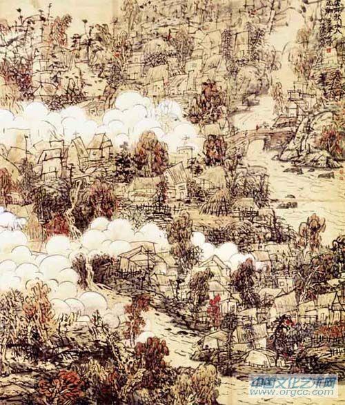 画家解金峰山水作品《云伴秋水过山乡》
