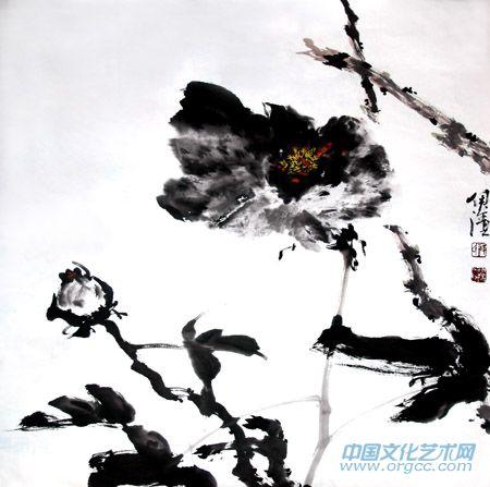 画家郭伊滨花鸟作品《墨牡丹》