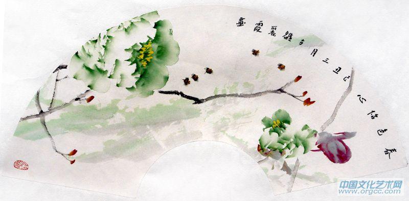 画家常丽霞扇面花鸟作品《春色怡心》