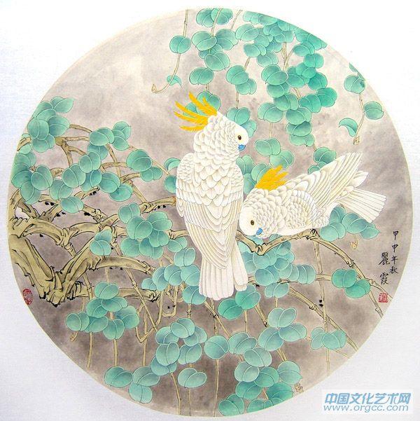国画家常丽霞团扇花鸟作品