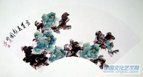 画家安瑞阁扇面花鸟作品《富贵春艳图》