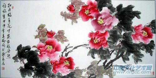 画家安瑞阁花鸟作品《牡丹福呈花中英百般姿态国风生》