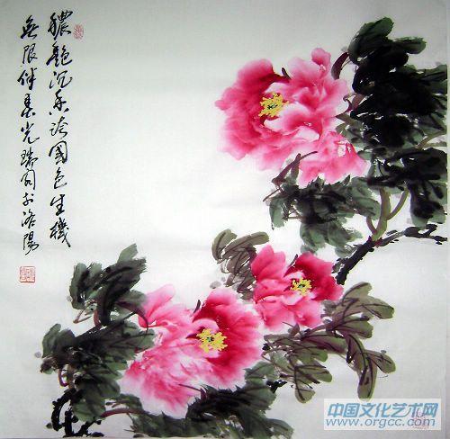 画家安瑞阁花鸟作品《浓艳沉香跨国色生机无限伴春光》