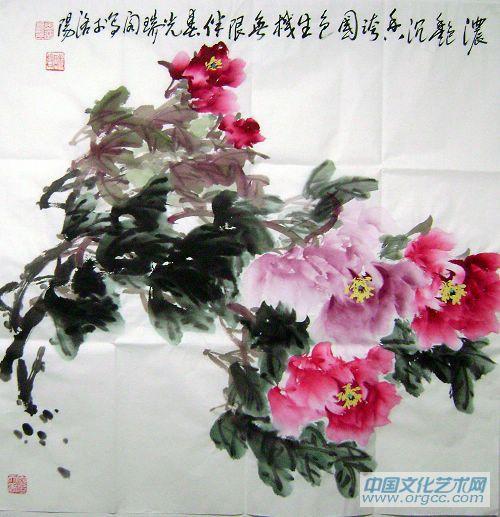 画家安瑞阁花鸟作品《浓艳沉香跨国色生机无限伴春光》