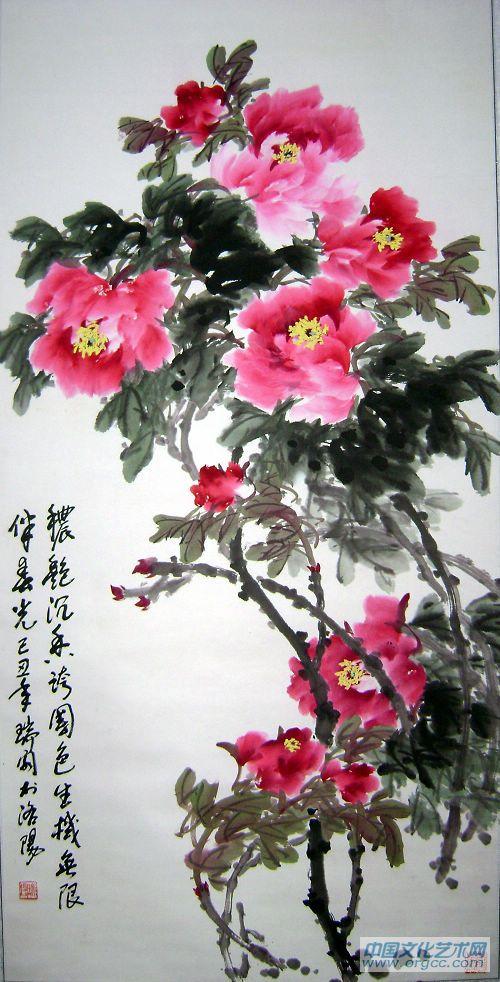 画家安瑞阁花鸟作品《浓艳沉香跨国色生机无限伴春光》