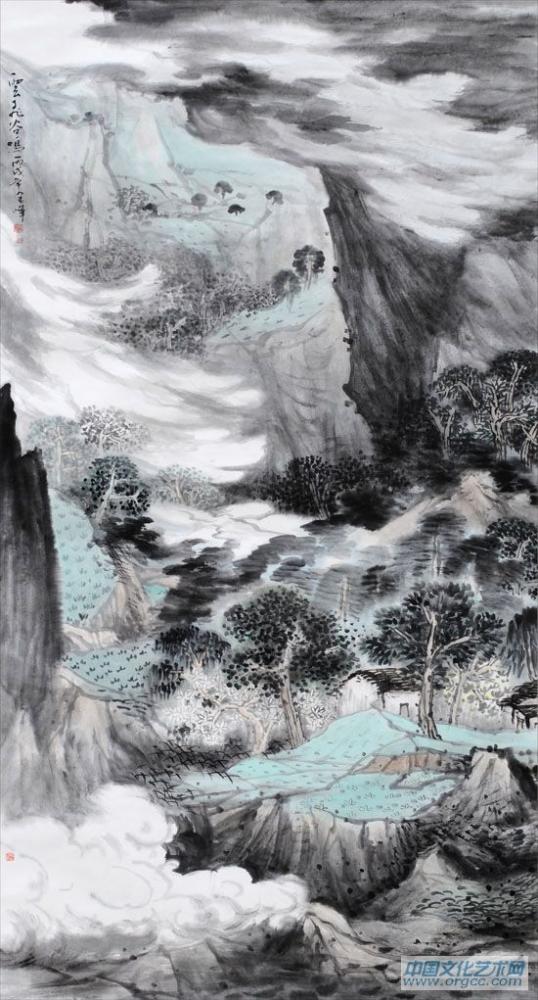 画家解金峰山水作品《烟云九谷鸣》