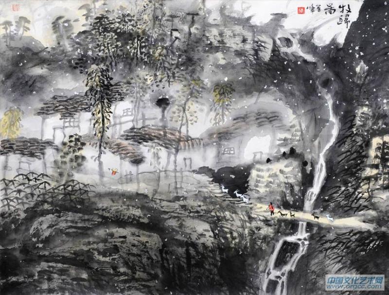 画家解金峰山水作品《牧归图》
