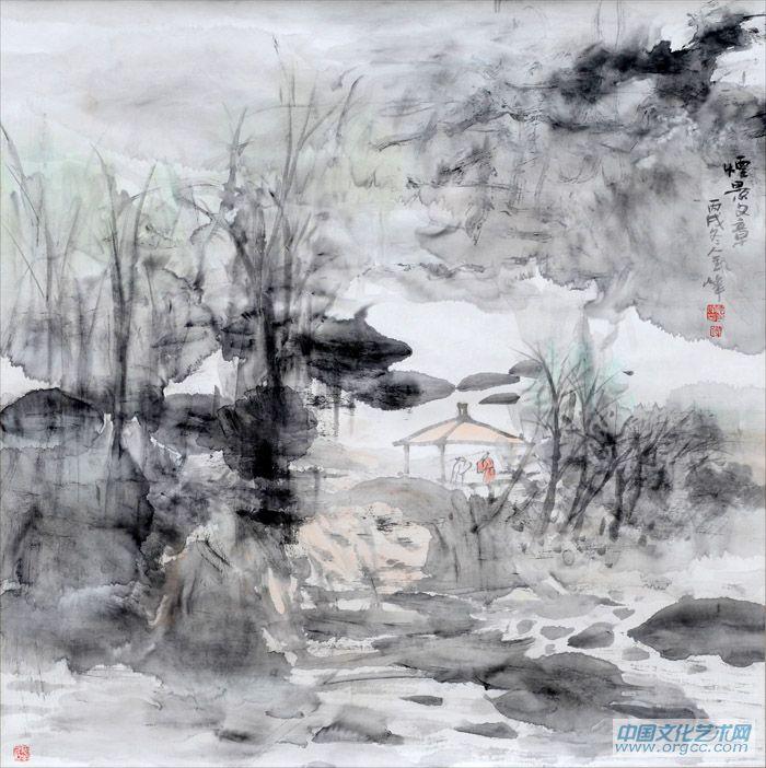 画家解金峰山水作品《烟景文章》