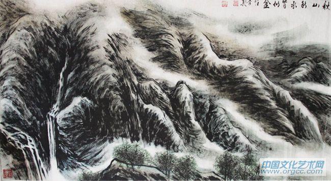 画家李颠焦墨山水作品《秋山彩水皆似金》