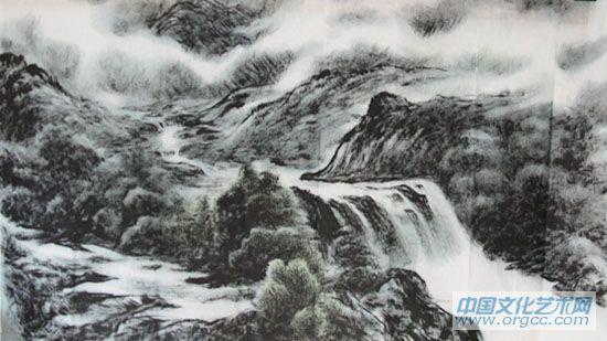 画家李颠焦墨山水作品
