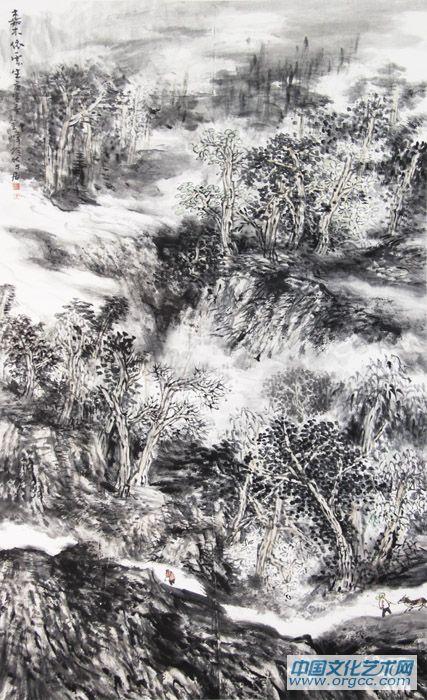 画家解金峰山水作品《嘉木依云生》