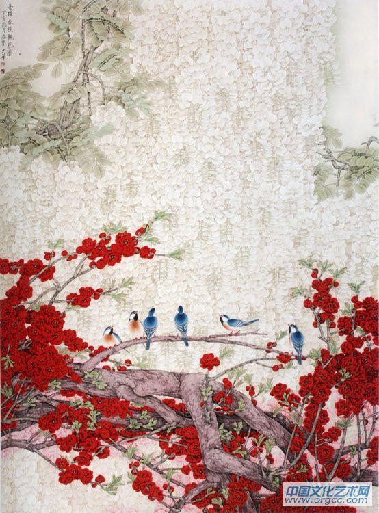画家高少华花鸟作品《喜跃春枝观花瀑》