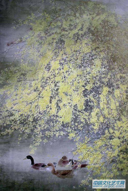 画家郭伊滨花鸟作品《一池春水喜先知》