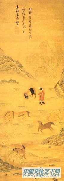 顾绣柳荫洗马图轴