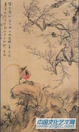 清 华喦山雀爱梅图轴