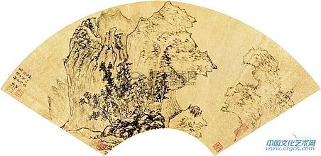 层峦远寺图 扇片 水墨金笺